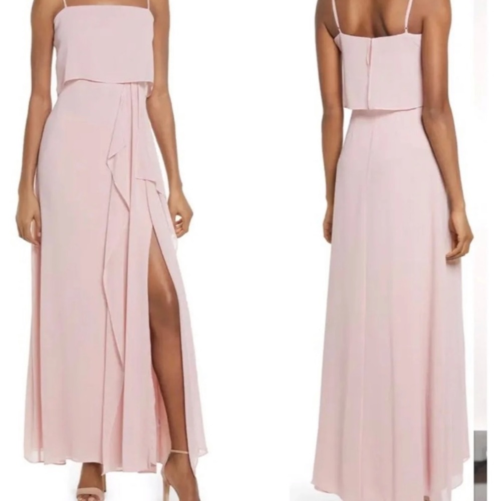 WAYF Dress, pink gown with slit
